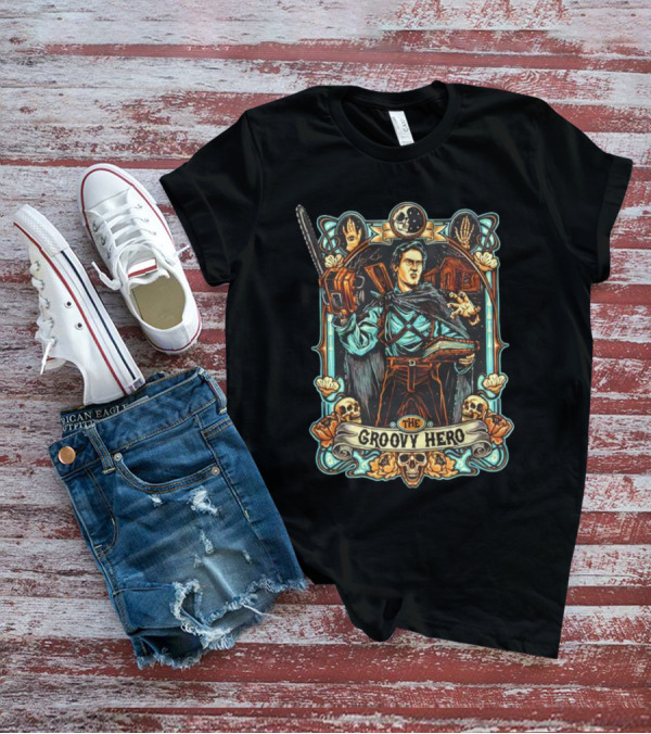 The Groovy Hero Chainsaw Warrior Moon Necronomicon Skulls T-Shirt