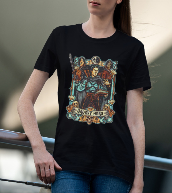 The Groovy Hero Chainsaw Warrior Moon Necronomicon Skulls T-Shirt