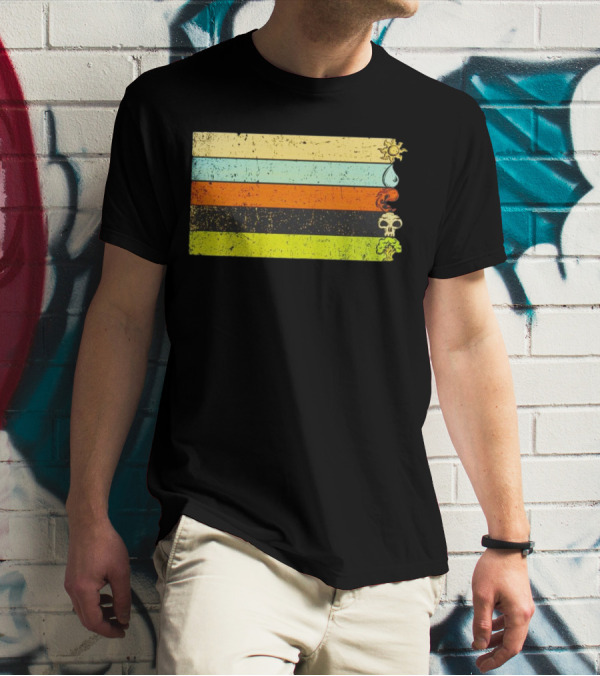 Vintage Magic Sun Water Elements Skull Retro Stripes T-Shirt