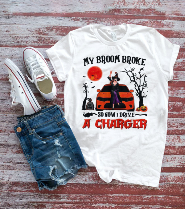 My Broom Broke So Now I Drive A Charger Halloween Witch With Pumpkins And Graveyard Scene T-Shirt
