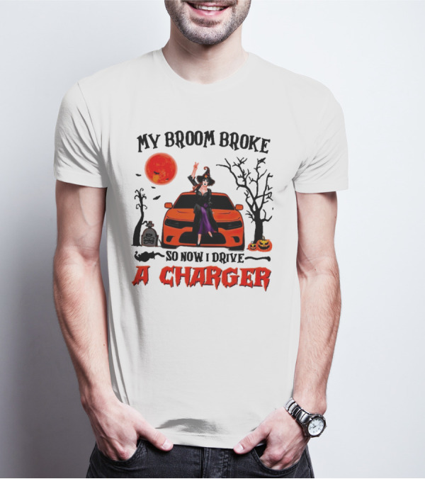 My Broom Broke So Now I Drive A Charger Halloween Witch With Pumpkins And Graveyard Scene T-Shirt