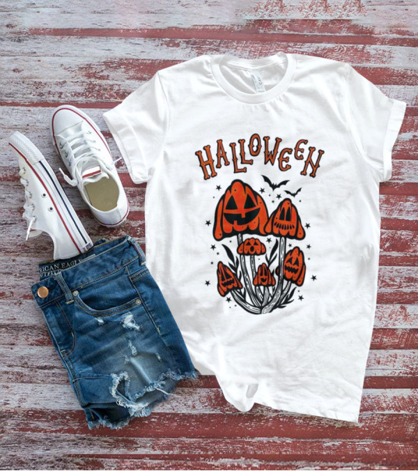 Halloween Pumpkin Mushrooms With Bats And Stars T-Shirt