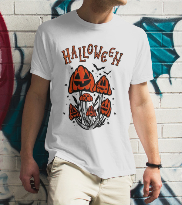 Halloween Pumpkin Mushrooms With Bats And Stars T-Shirt