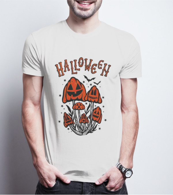 Halloween Pumpkin Mushrooms With Bats And Stars T-Shirt