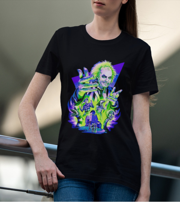 Beetlejuice Specter In Striped Suit Neon Art 80s Horror Movie Icons T-Shirt