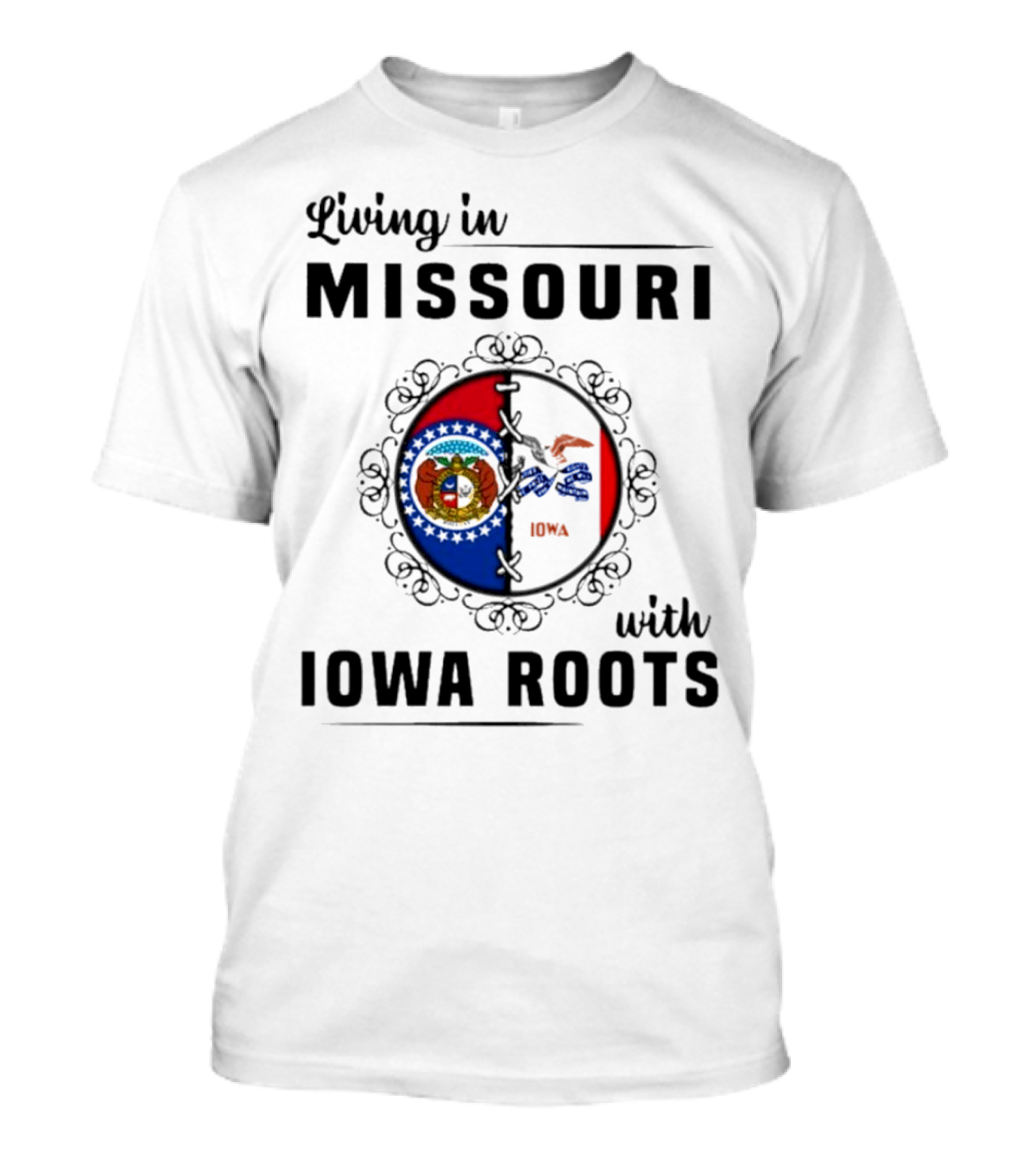 Living In Missouri With Iowa Roots State Seal Circle T-Shirt
