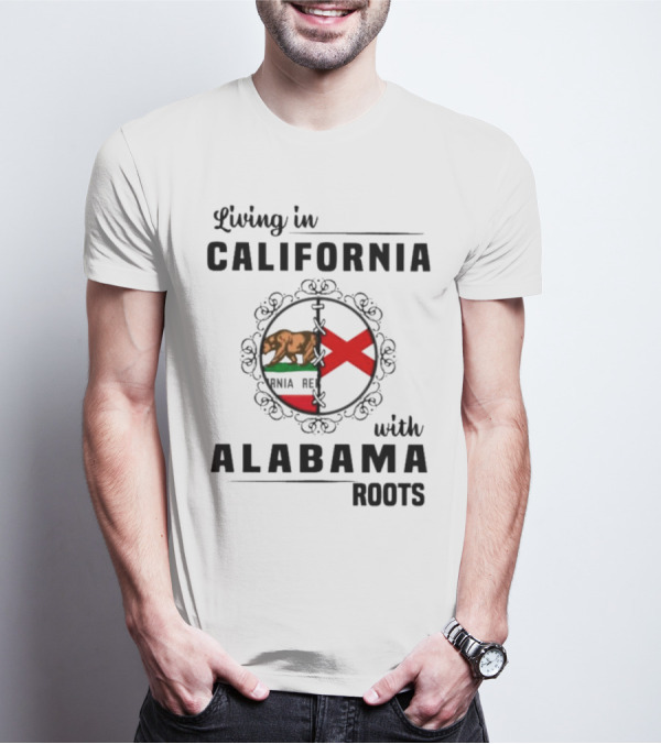 Living In California Bear Flag With Alabama Crimson Cross Roots T-Shirt