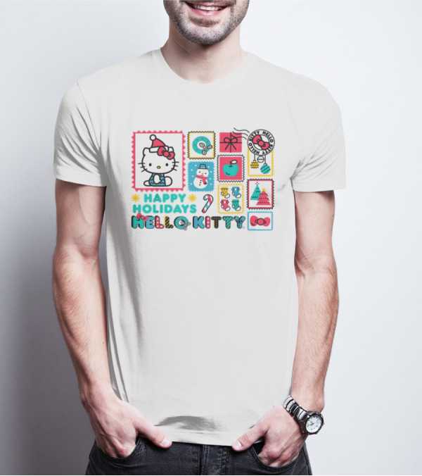 Happy Holidays Hello Kitty Merry Christmas Candy Cane Bow Trees Gift Snowman T-Shirt