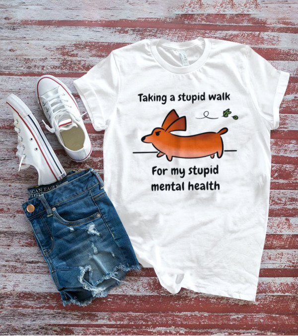 Taking A Stupid Walk For My Stupid Mental Health With Cute Orange Dog Cartoon T-Shirt