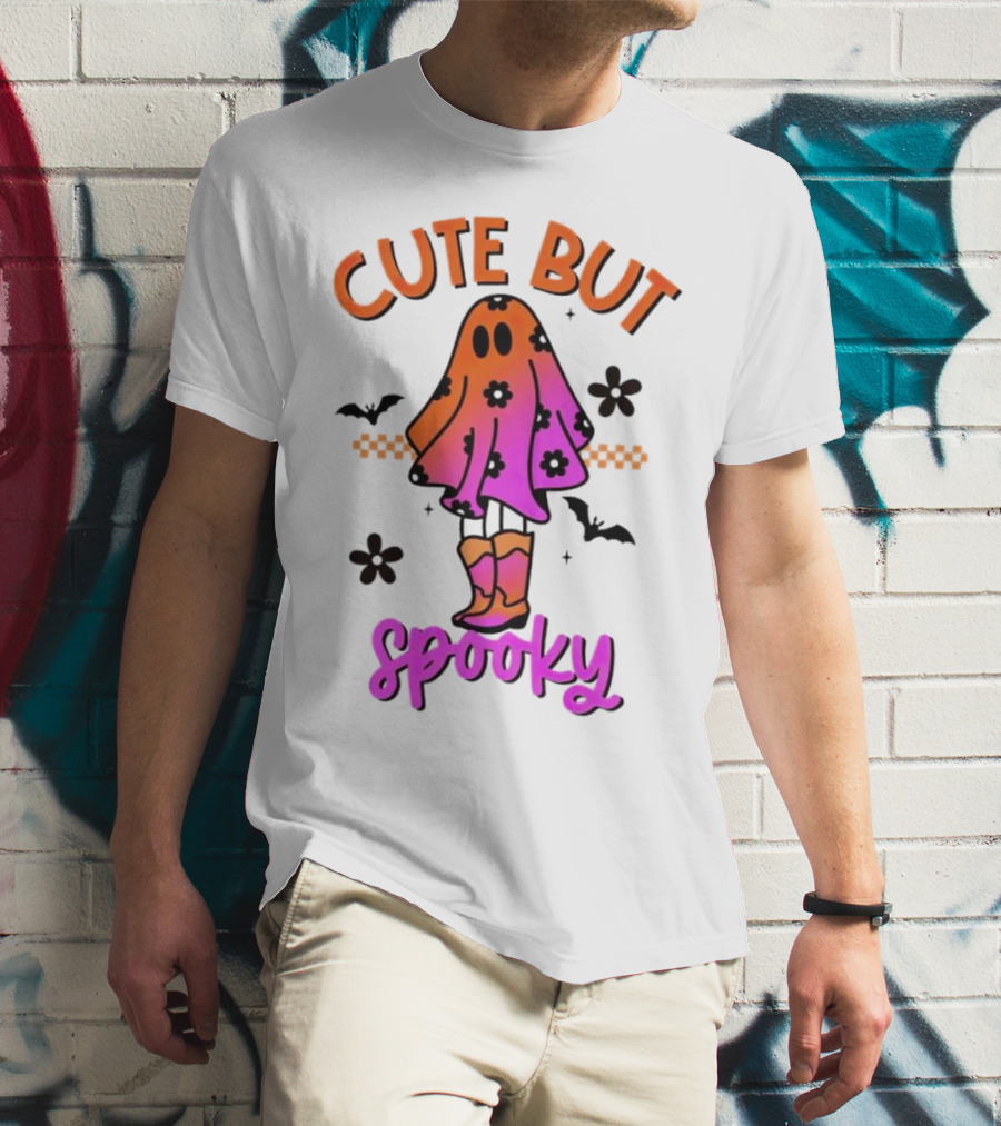 Cute But Spooky Halloween Ghost With Bat And Floral Boot Accents T-Shirt