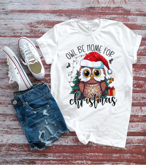 Owl Be Home For Christmas Santa Hat Owl Festive Lights Gift Box T-Shirt