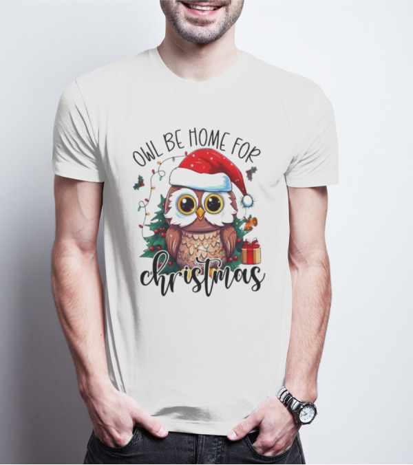 Owl Be Home For Christmas Santa Hat Owl Festive Lights Gift Box T-Shirt