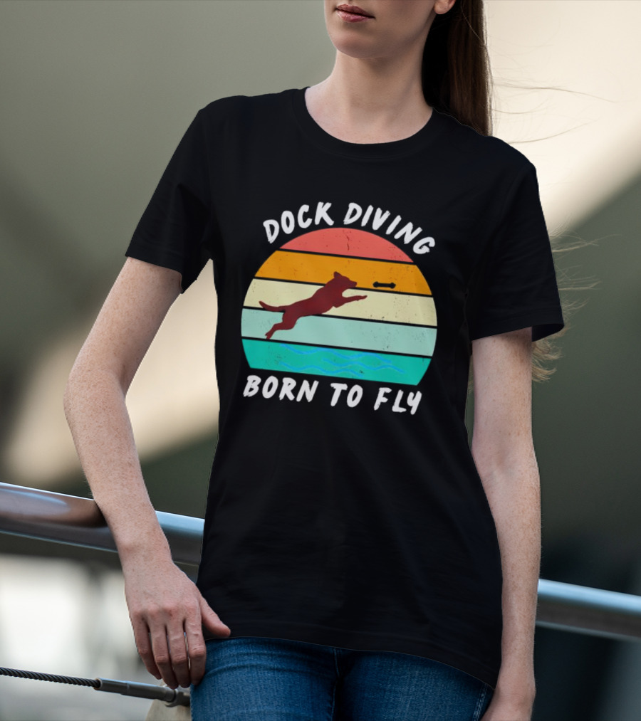 Dock Diving Born To Fly Vintage Retro Stripes Dog T-Shirt