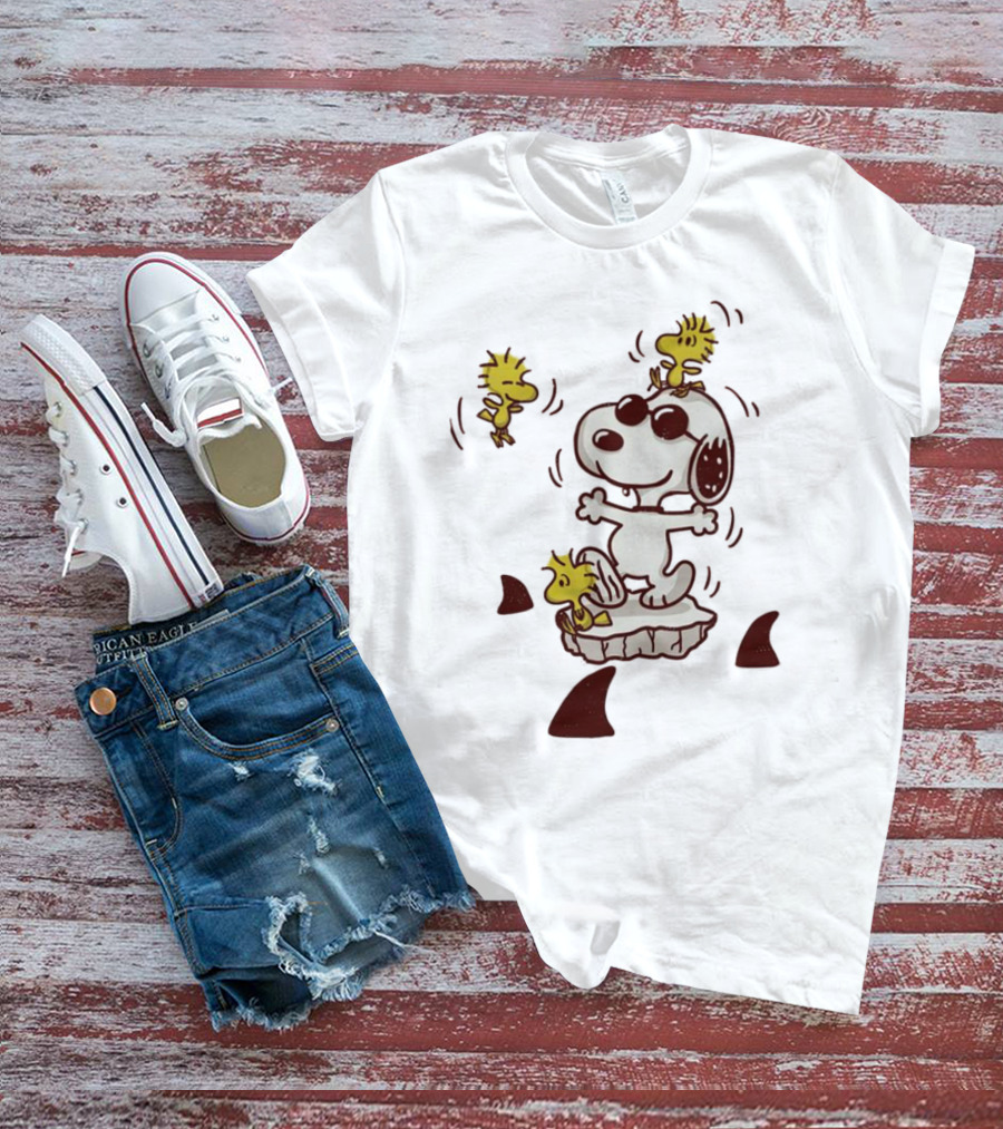 Snoopy And Woodstock Peanuts Dangerous Waters Shark Alert T-Shirt