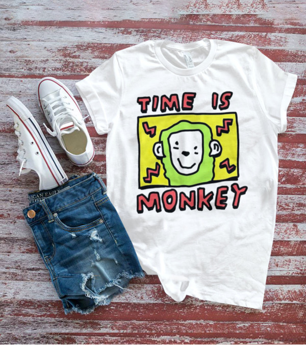 Time Is Monkey Green Highlighted Cartoon Face With Zigzag Lines T-Shirt