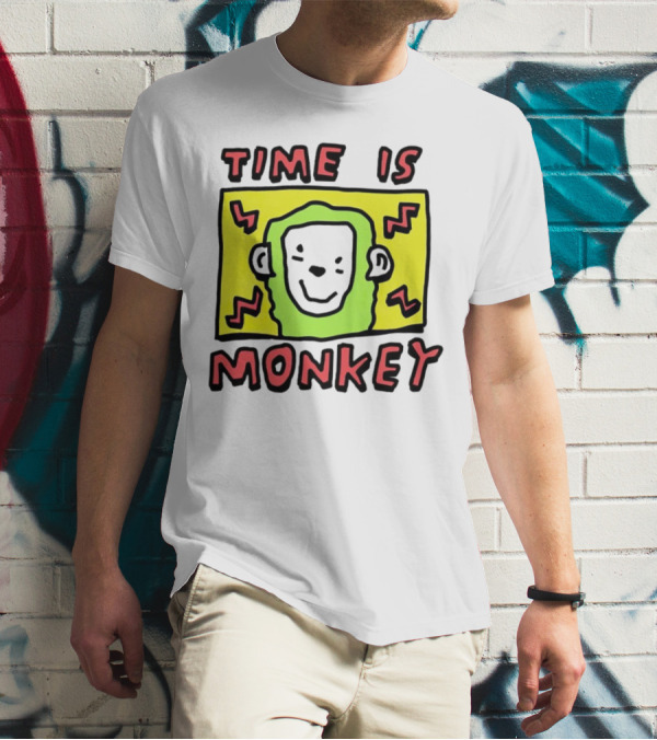Time Is Monkey Green Highlighted Cartoon Face With Zigzag Lines T-Shirt