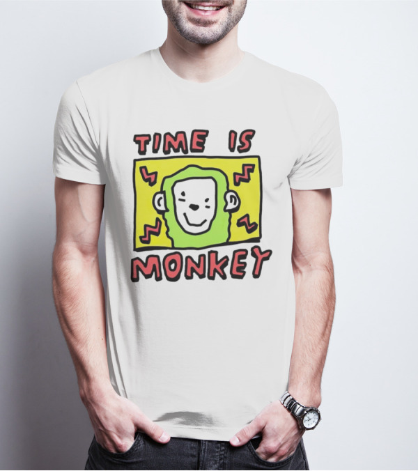 Time Is Monkey Green Highlighted Cartoon Face With Zigzag Lines T-Shirt