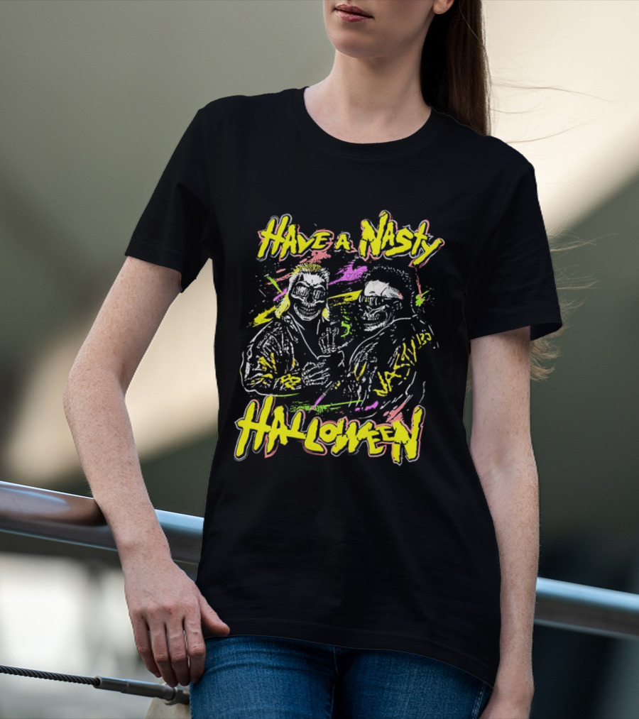 Have A Nasty Halloween Skeleton Warriors Vibrant Neon T-Shirt