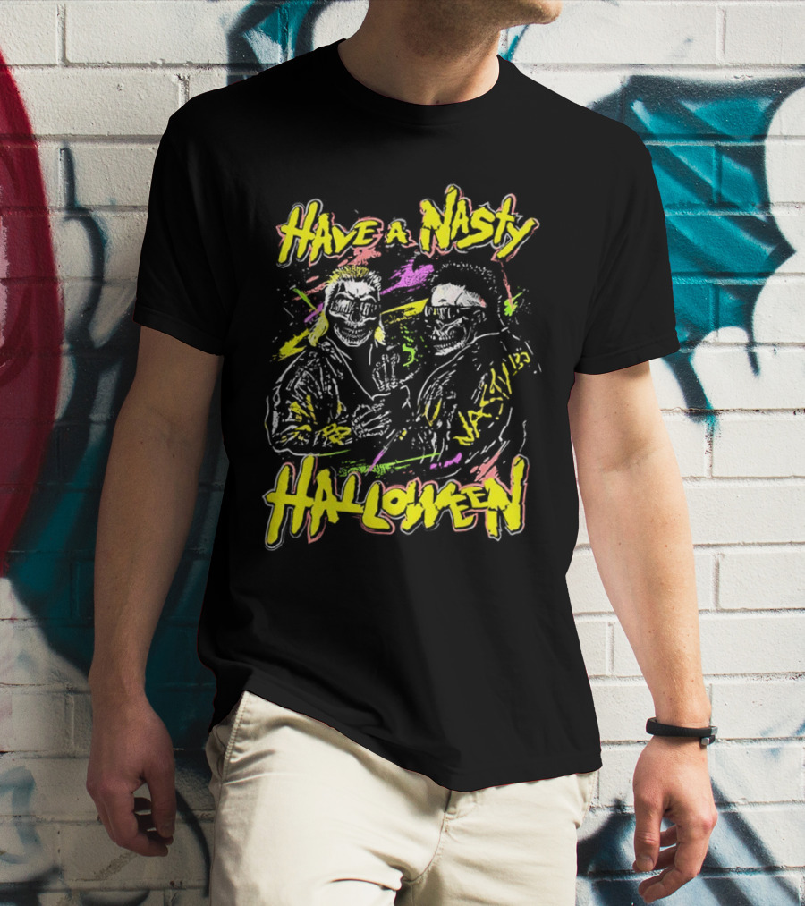 Have A Nasty Halloween Skeleton Warriors Vibrant Neon T-Shirt