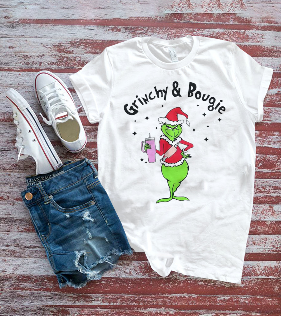 Grinchy And Bougie Santa With Pink Tumbler T-Shirt