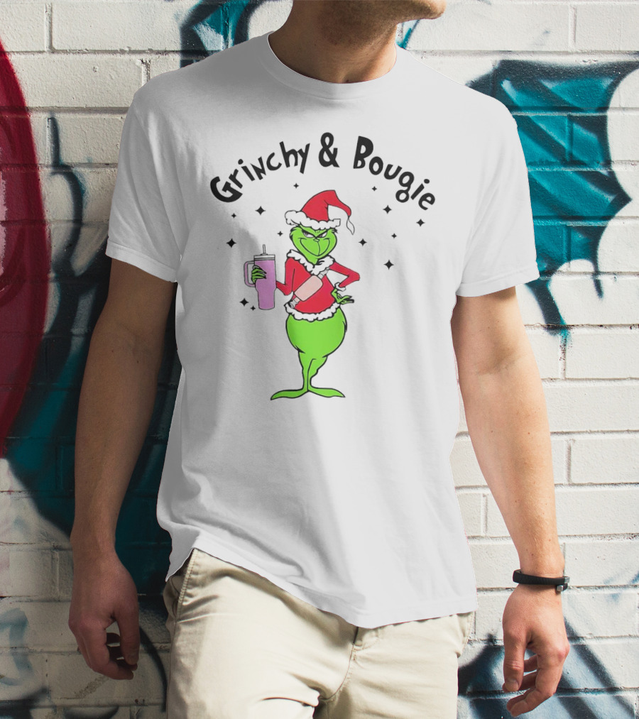 Grinchy And Bougie Santa With Pink Tumbler T-Shirt