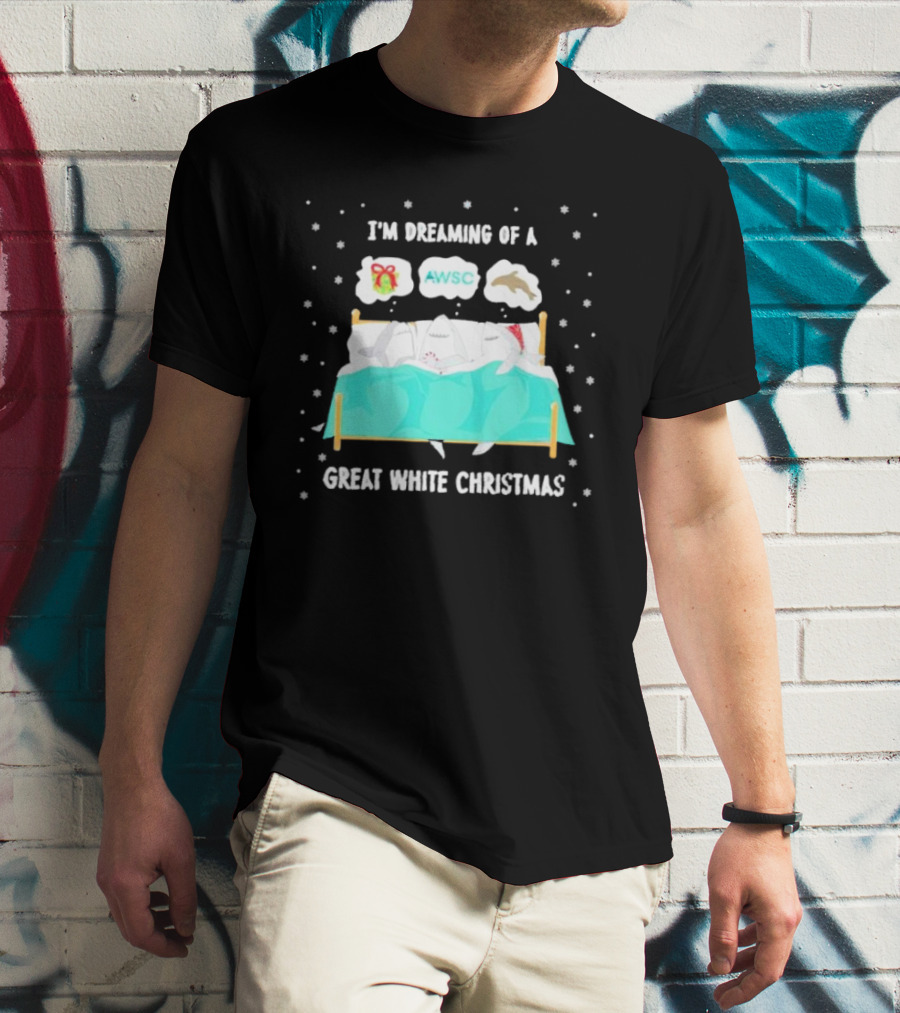 I'm Dreaming Of A Great White Christmas AWSC Shark In Bed With Snowflakes T-Shirt