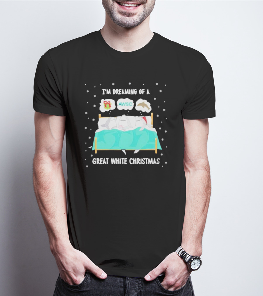 I'm Dreaming Of A Great White Christmas AWSC Shark In Bed With Snowflakes T-Shirt