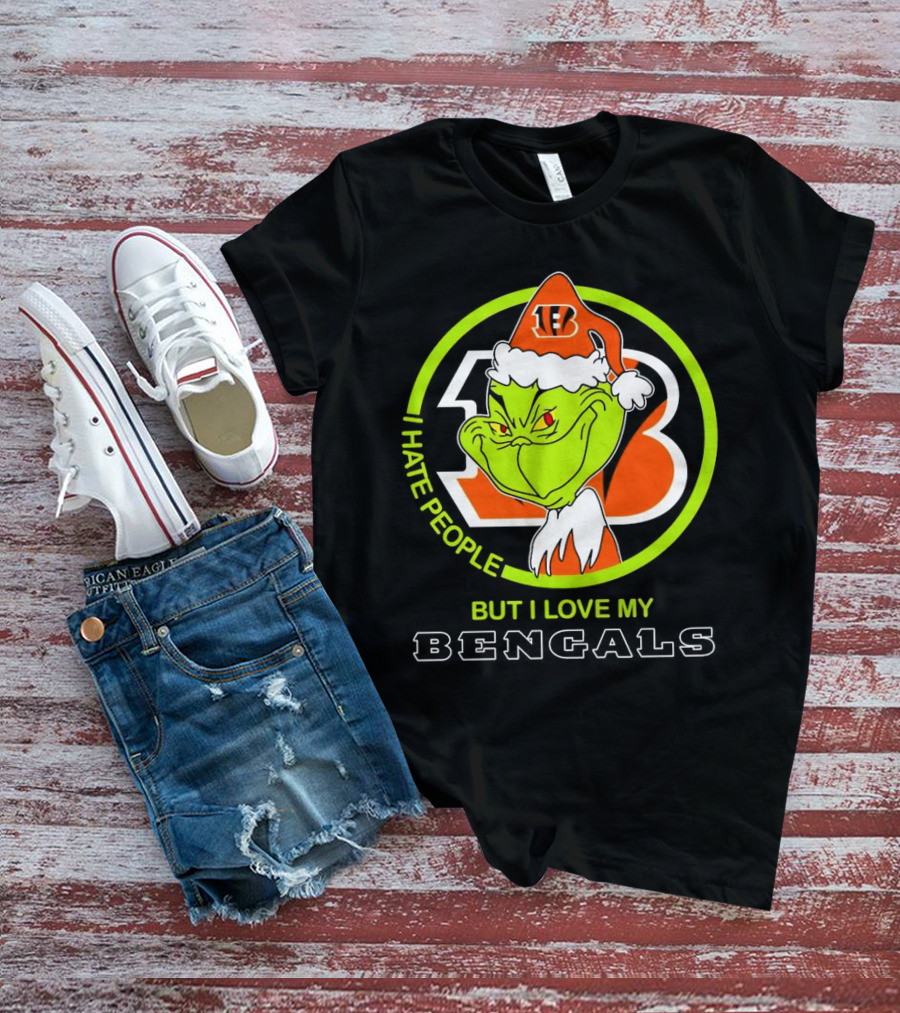Grinch Santa Hat I Hate People But I Love My Bengals Football Fan T-Shirt