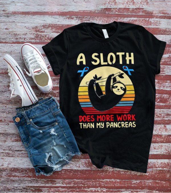 A Sloth Does More Work Than My Pancreas Vintage Style With Blue Diabetes Awareness Ribbons T-Shirt
