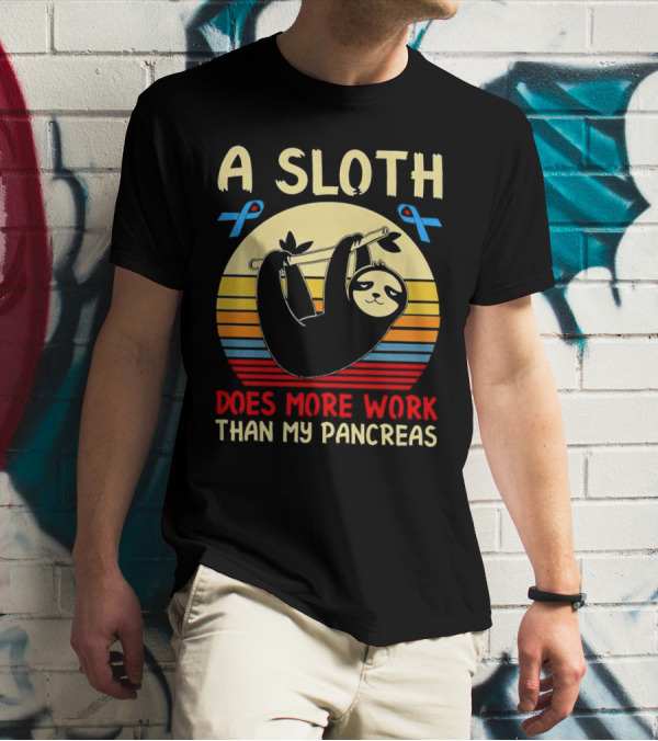 A Sloth Does More Work Than My Pancreas Vintage Style With Blue Diabetes Awareness Ribbons T-Shirt
