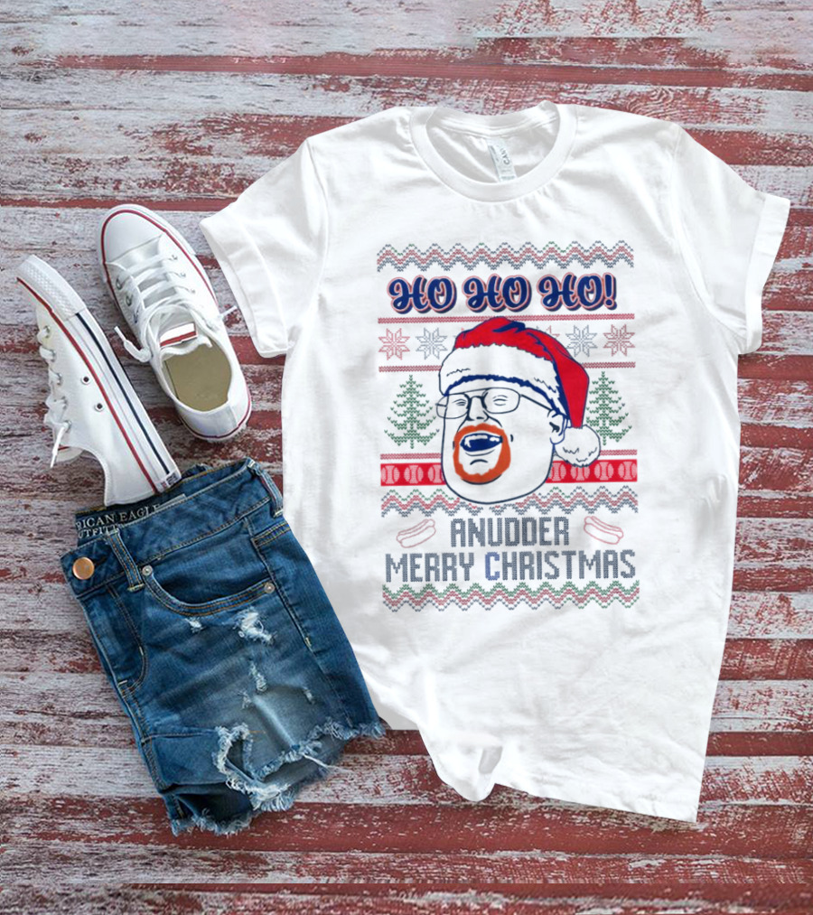 HO HO HO Anudder Merry Christmas Ugly Santa Beard Trees Snowflakes Sausages T-Shirt