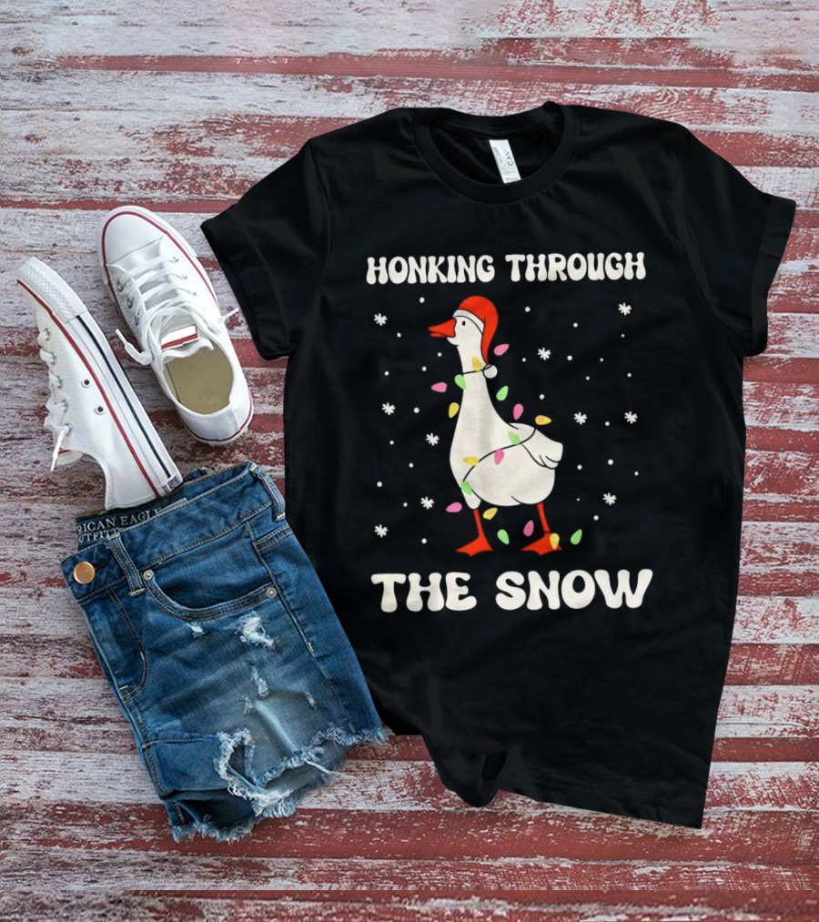 Honking Through The Snow Goose Wrapped In Christmas Lights T-Shirt