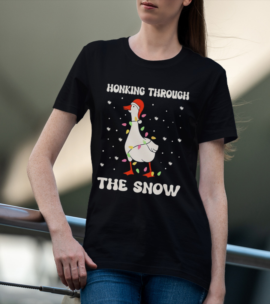Honking Through The Snow Goose Wrapped In Christmas Lights T-Shirt