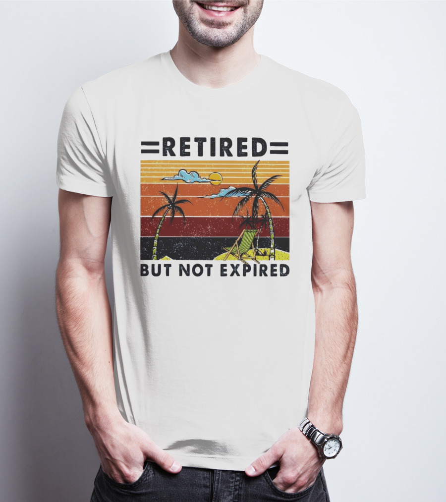 Retired But Not Expired Beach Vintage Sunset Palm Trees Chair Retro T-Shirt