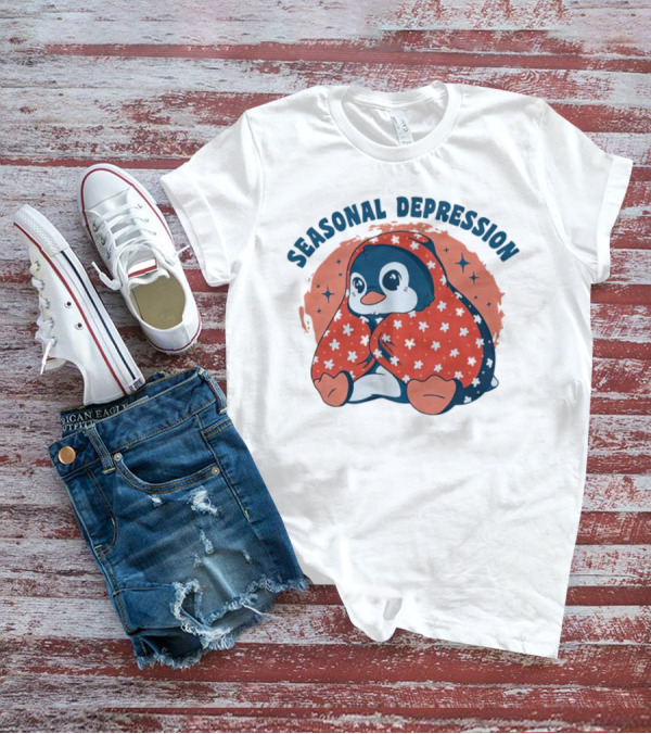 Seasonal Depression Penguin In Cozy Blanket With Stars And Flowers T-Shirt