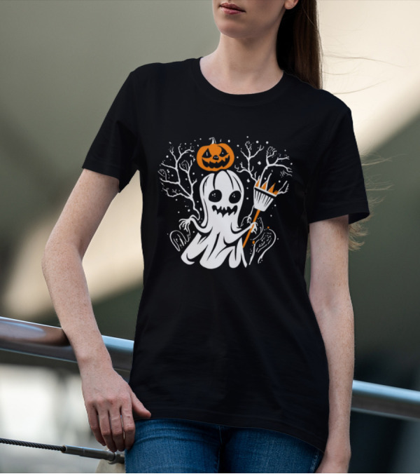 Pumpkin King Halloween Ghost With Broomstick T-Shirt