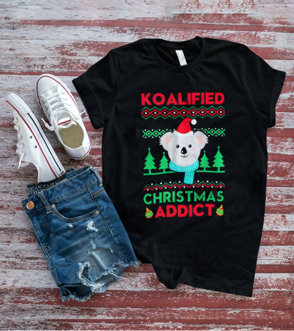 Koalified Koala Christmas Addict Ugly Sweater Style Design With Santa Hat And Christmas Trees T-Shirt