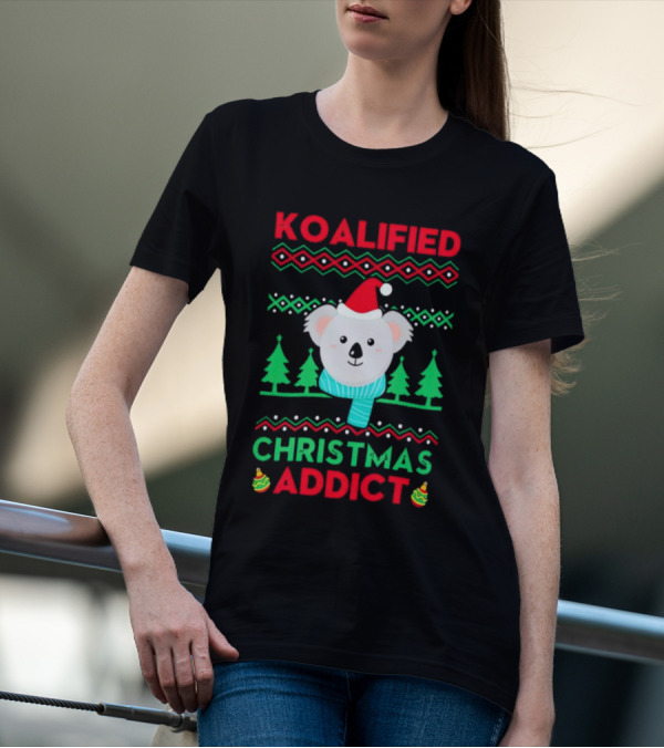 Koalified Koala Christmas Addict Ugly Sweater Style Design With Santa Hat And Christmas Trees T-Shirt
