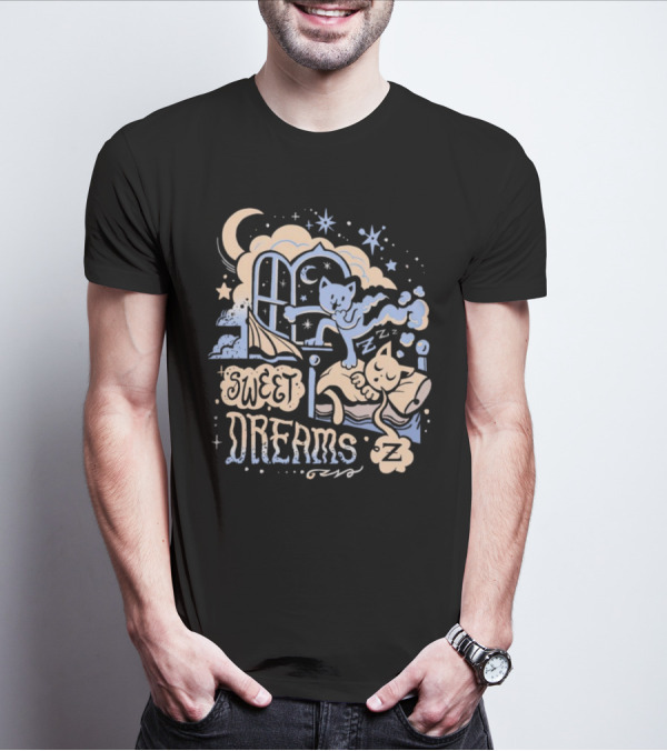 Sweet Dreams Dreaming Cat Under Moon And Stars T-Shirt