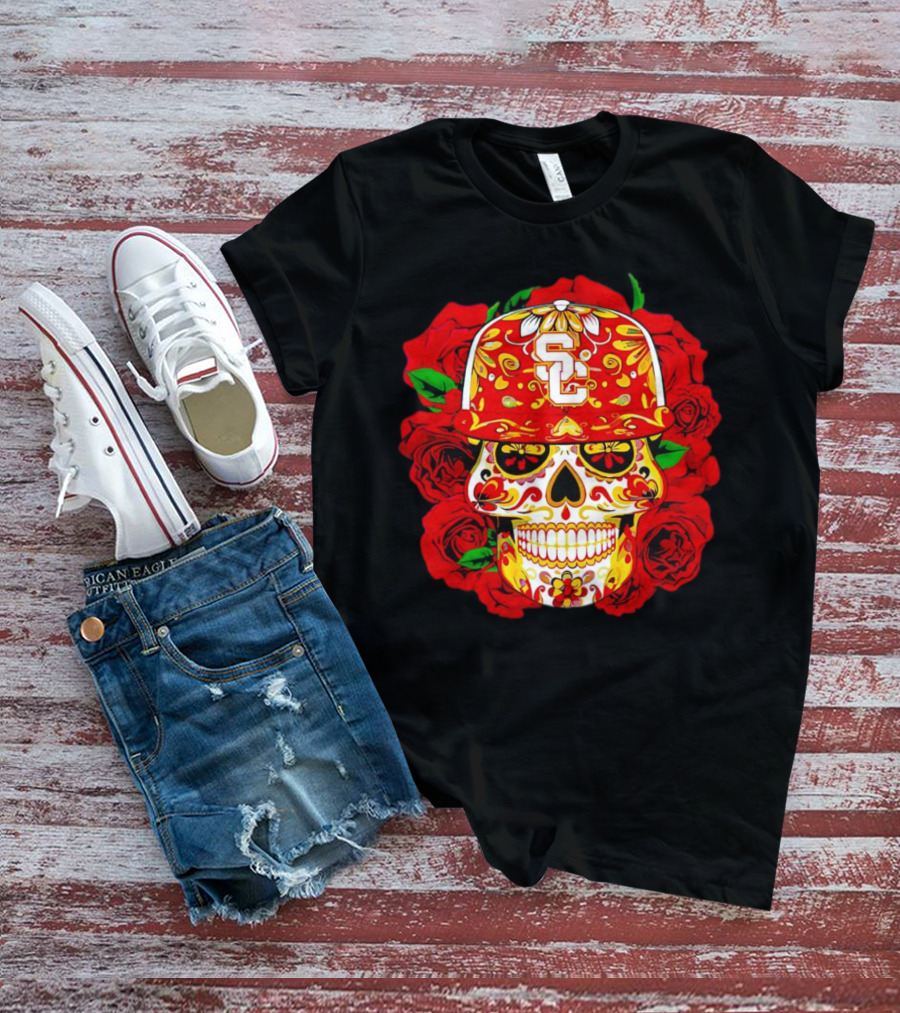 USC Sugar Skull With Roses And Cap T-Shirt