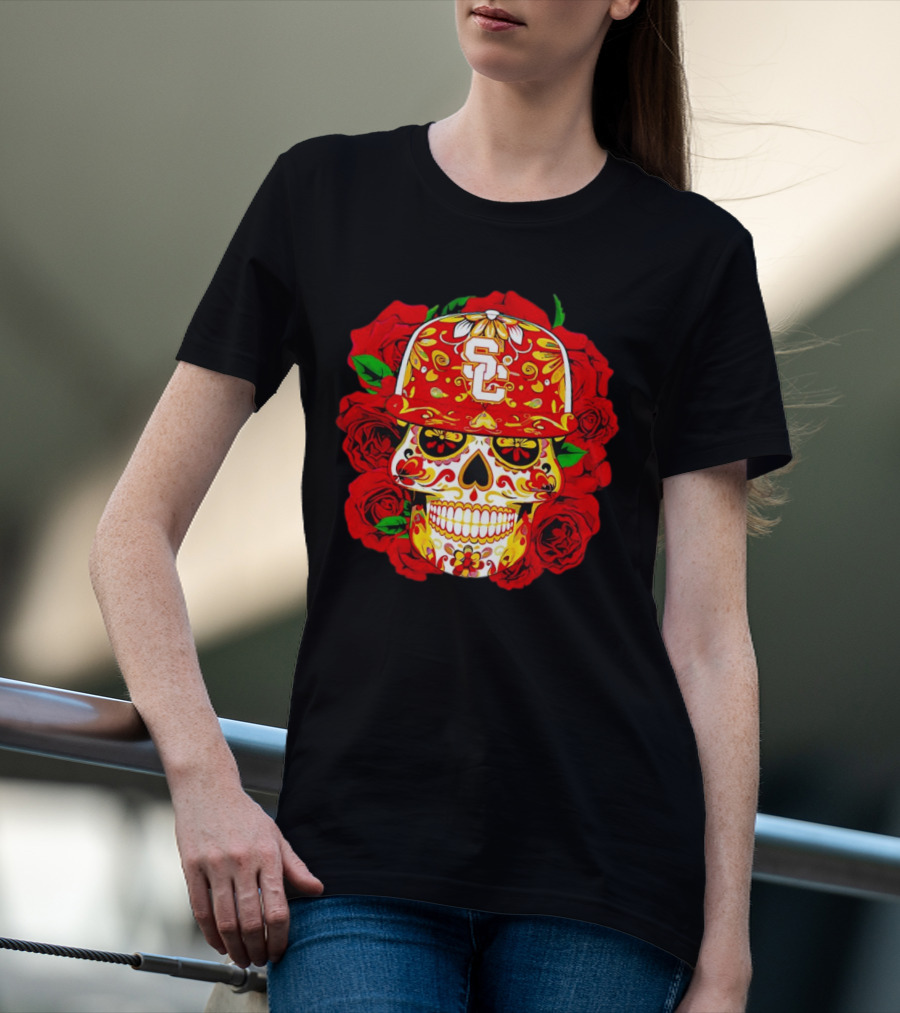 USC Sugar Skull With Roses And Cap T-Shirt