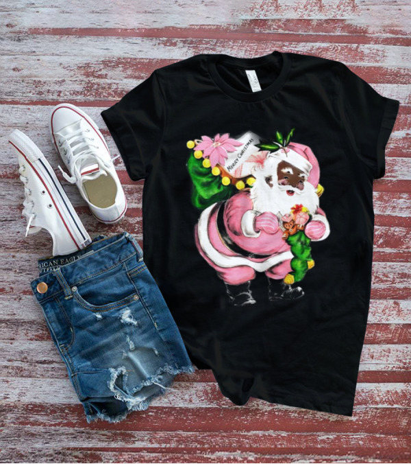 Merry Christmas Pink African-American Black Santa Claus With Gifts T-Shirt