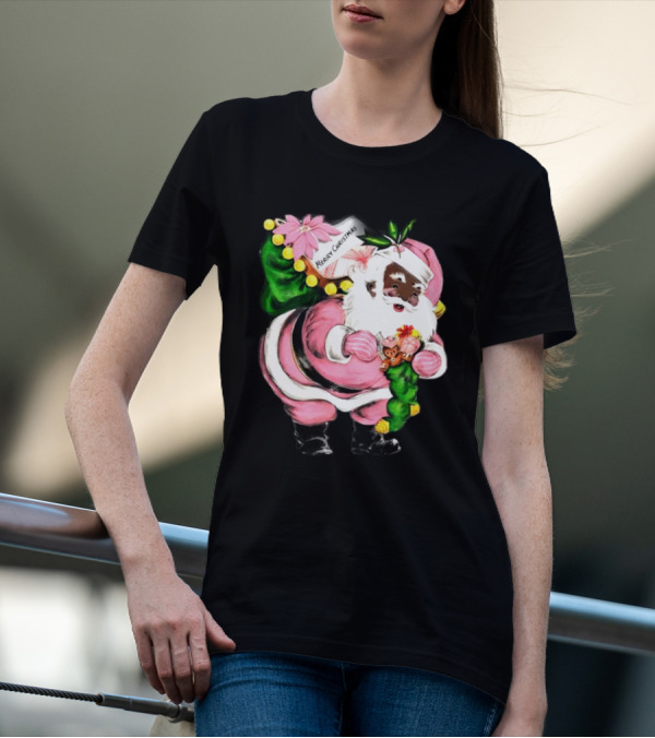 Merry Christmas Pink African-American Black Santa Claus With Gifts T-Shirt