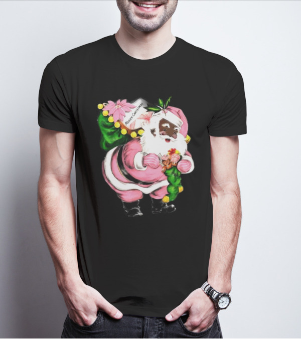Merry Christmas Pink African-American Black Santa Claus With Gifts T-Shirt