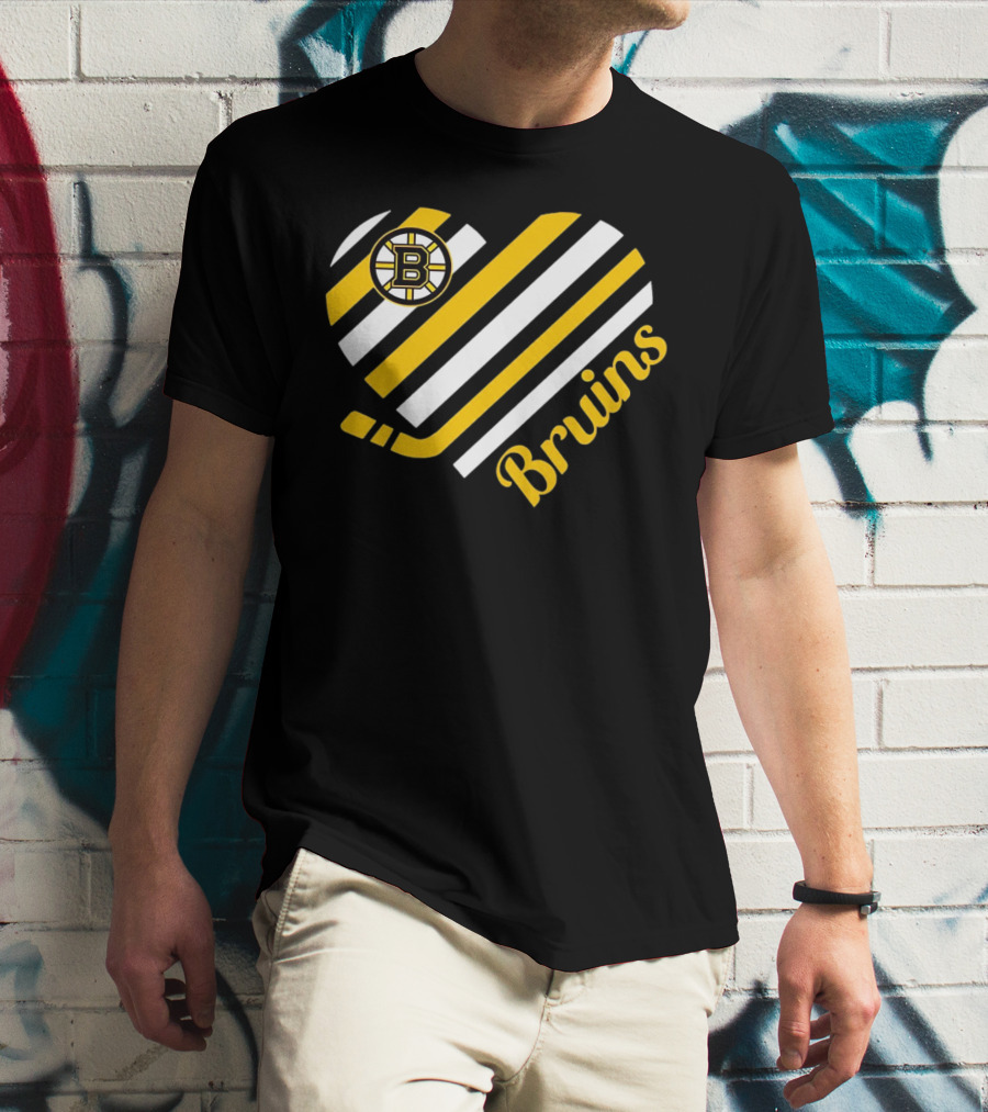 Boston Bruins Stripes Heart With Hockey Stick T-Shirt