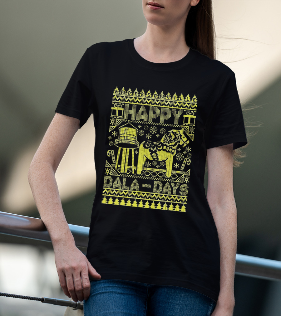 Andersonville Happy Dala Days Christmas Sweater Pattern With Water Tower And Dala Horse T-Shirt