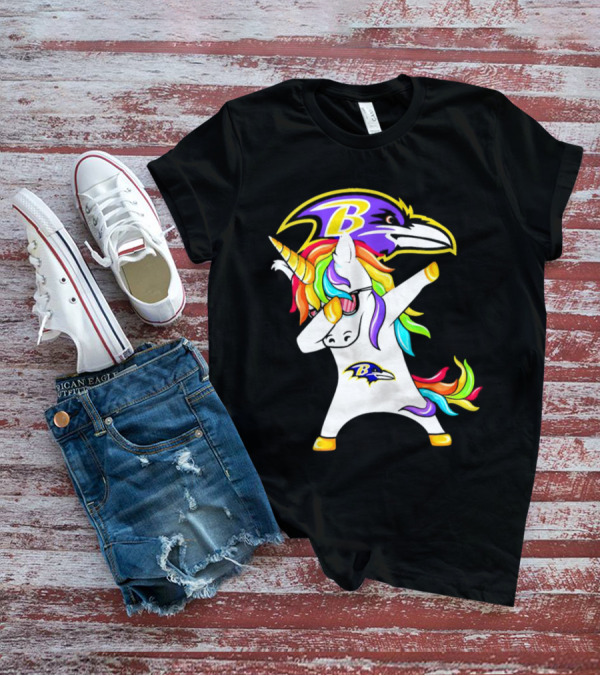 Unicorn Dabbing With Baltimore Ravens Logo And Rainbow Mane T-Shirt