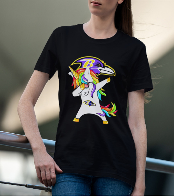 Unicorn Dabbing With Baltimore Ravens Logo And Rainbow Mane T-Shirt