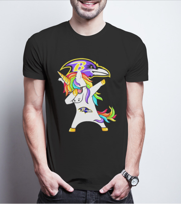 Unicorn Dabbing With Baltimore Ravens Logo And Rainbow Mane T-Shirt