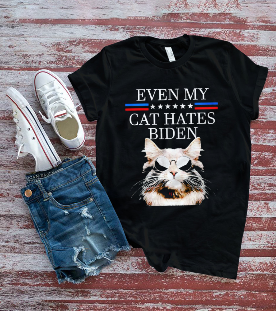 Even My Cat Hates Biden Stars And Stripes Sunglasses Cat T-Shirt
